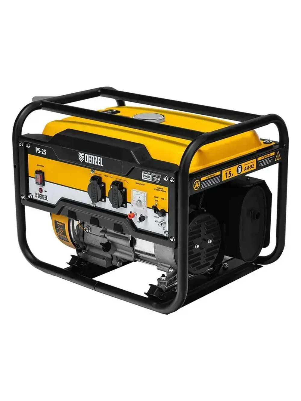 Генератор бензиновый DENZEL PS 25, 2.5 кВт и 212 см3 объем двигателя, 230 В и 15 л объем топливного бака, ручной стартер и блок AVR, 2 розетки16 А и выход постоянного тока 12 В, 946814
