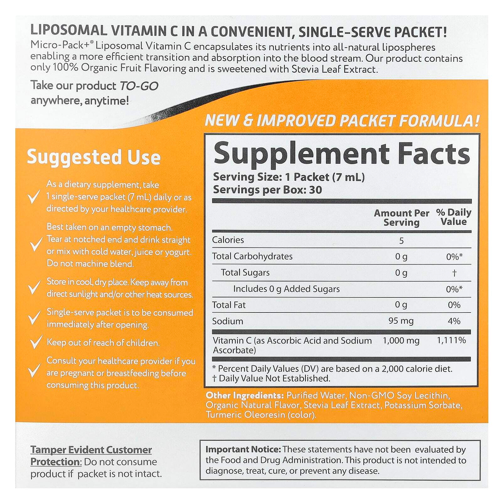 Aurora Nutrascience, Micro-Pack+, липосомальный витамин C, 1000 мг, 30 порционных пакетиков по 7 мл (0,24 жидк. унции)
