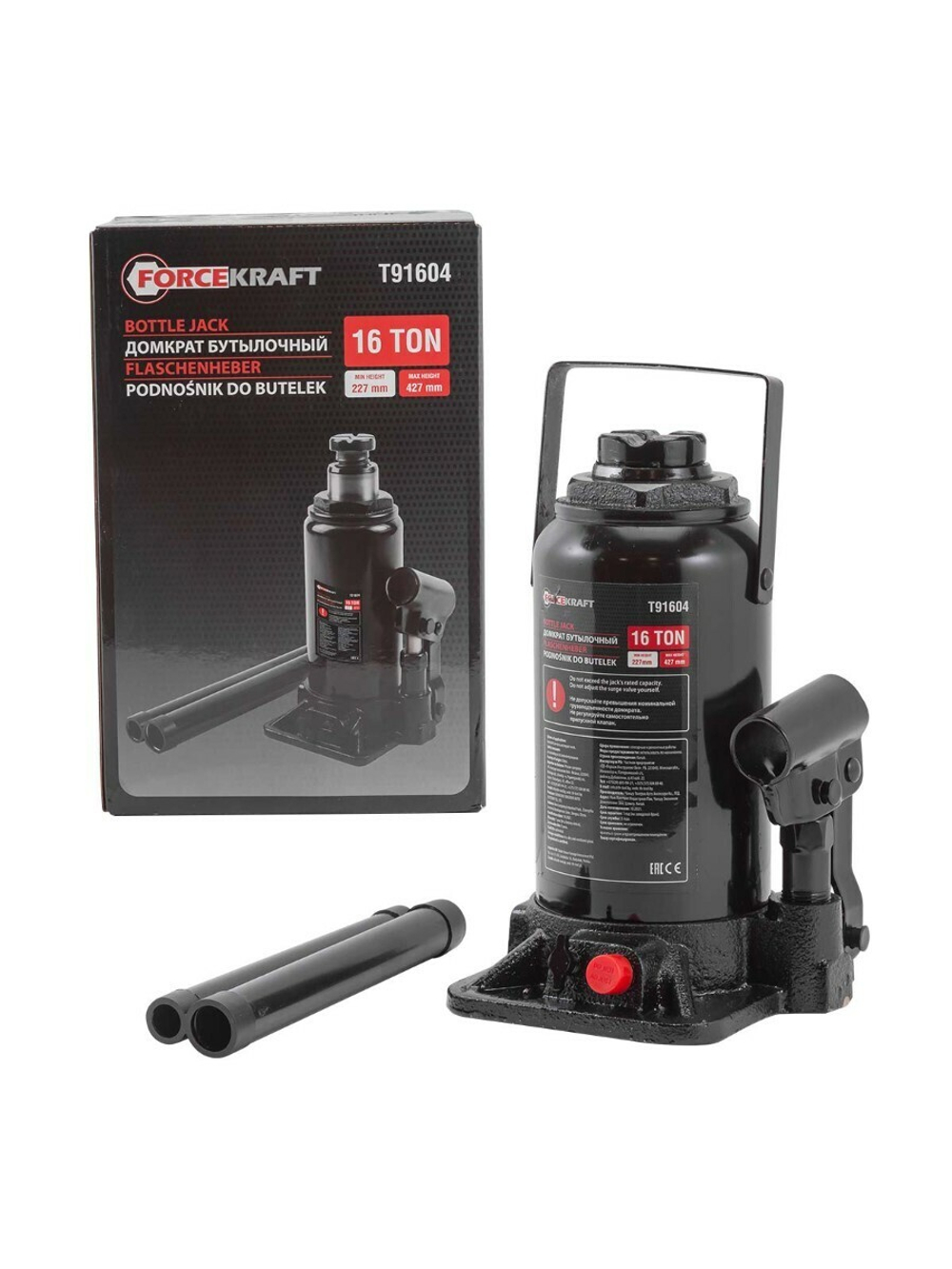 Домкрат бутылочный 16т с клапаном (h min-227мм, h max-427мм) FORCEKRAFT FK-T91604(DS)
