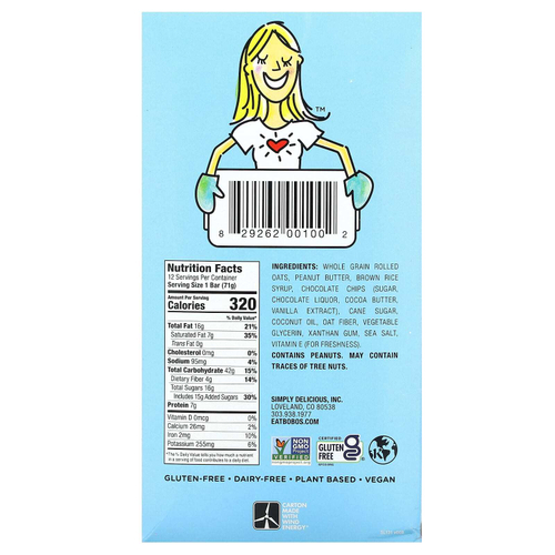 Bobo's Oat Bars, Овсяные батончики с арахисовой пастой и шоколадной крошкой, 12 батончиков по 70,8 г (2,5 унции)