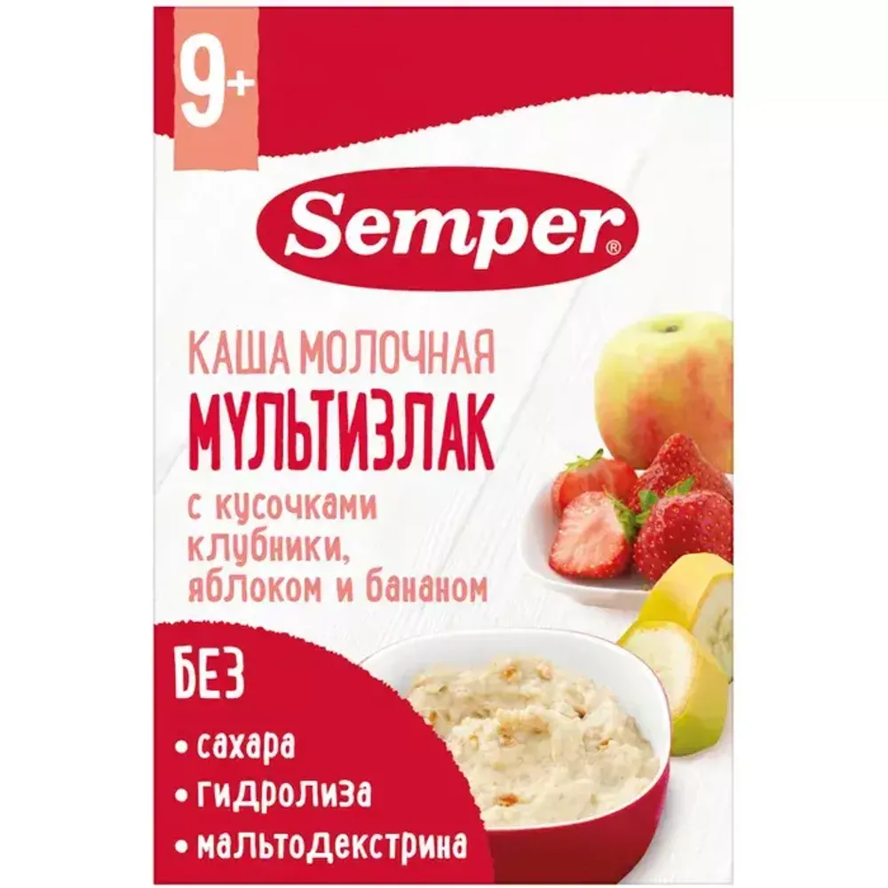 Купить Semper «Каша молочная Мультизлак с кусочками клубники, яблоком и бананом»(180грх8) в Казахстане