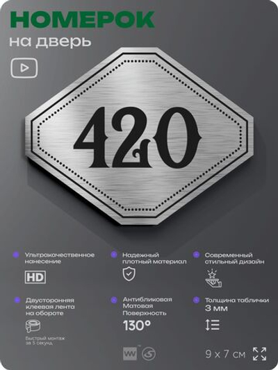 Номерок на дверь квартиры 420, для кабинета, офиса, шильдик 9 х 7 см, брашированная сталь, Айдентика Технолоджи