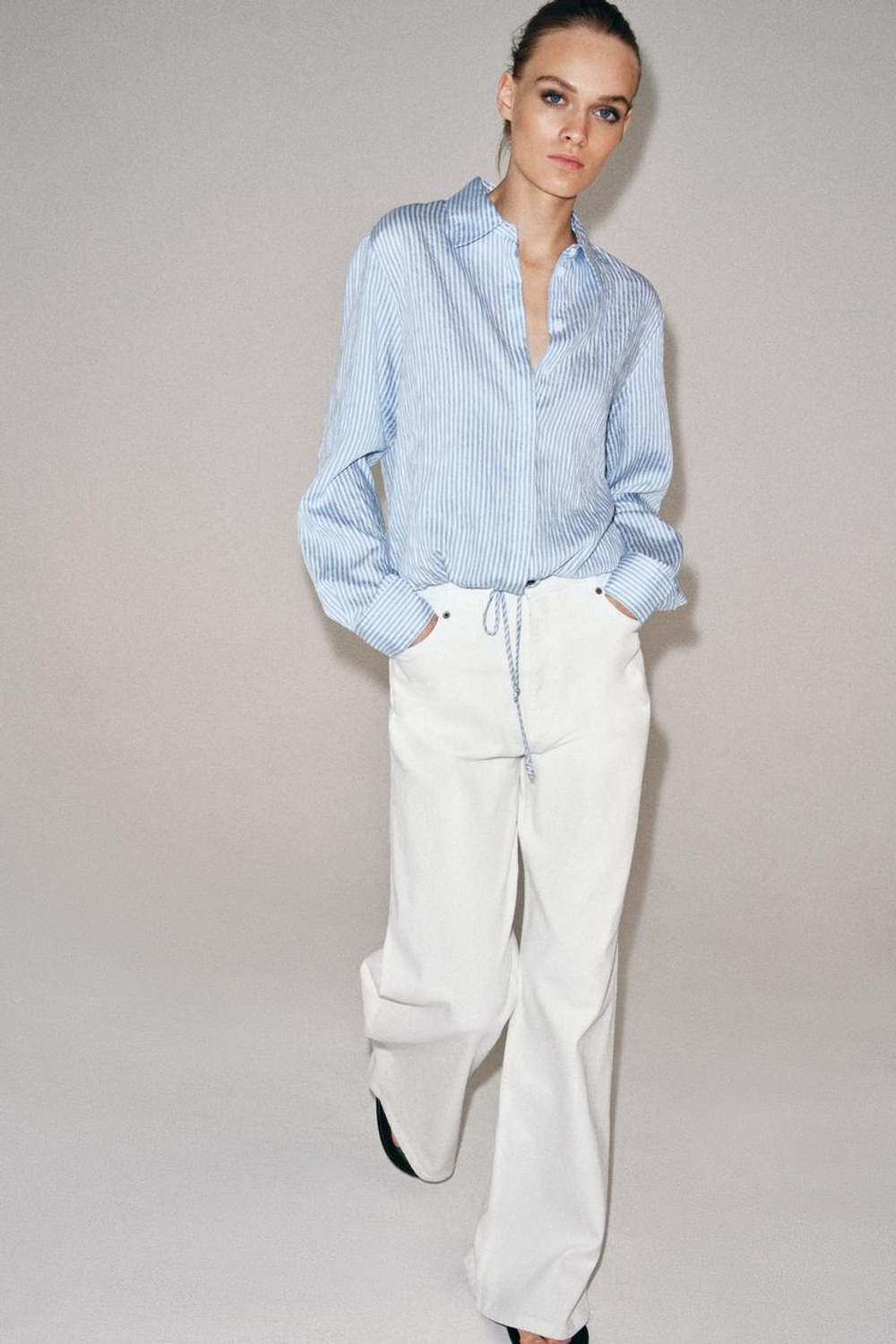 ZARA РУБАШКА В ПОЛОСКУ С ЗАВЯЗКАМИ — ZW COLLECTION, СИНИЙ/БЕЛЫЙ