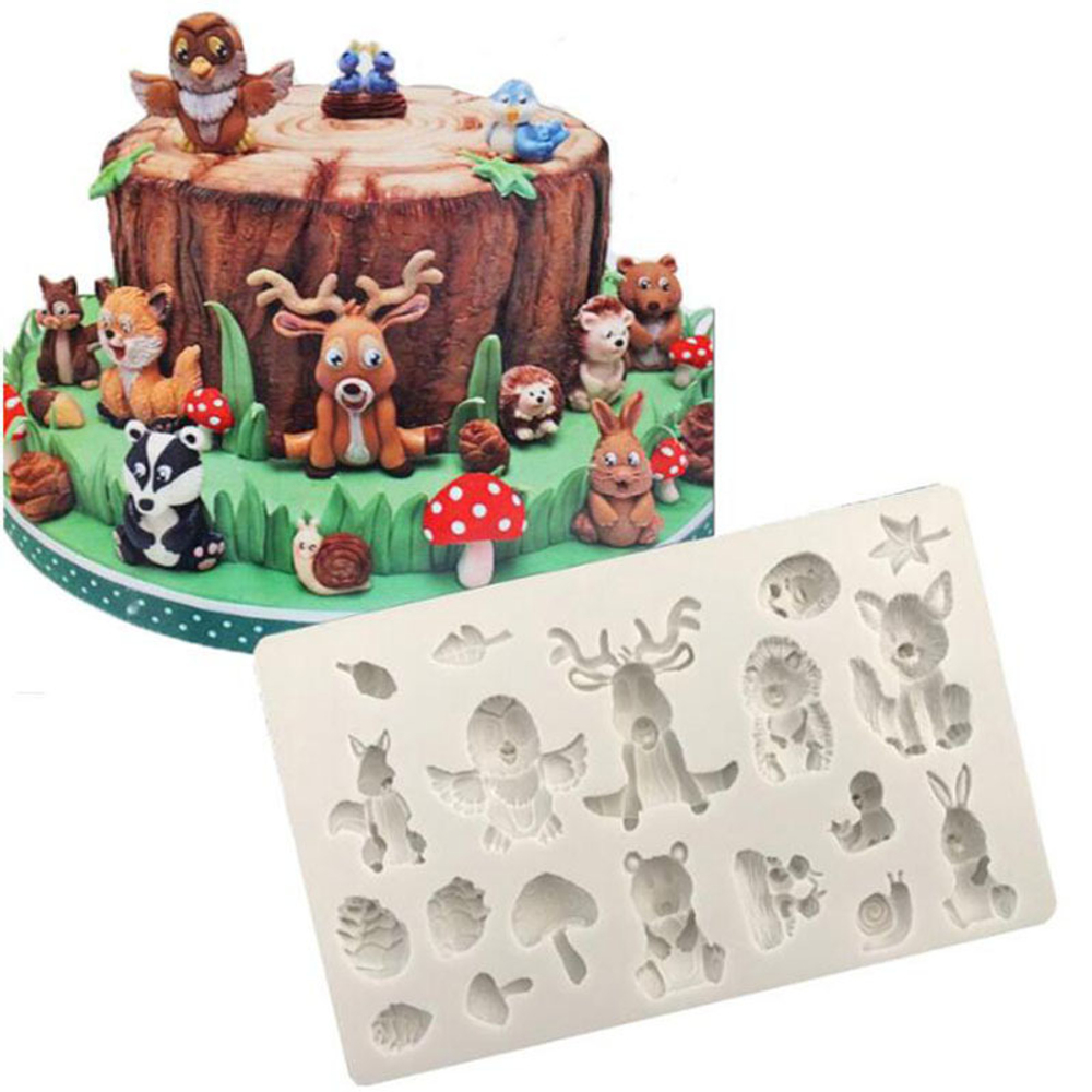 Молд силиконовый прямоугольный "Жители леса: енот, лиса, олень, медведь, еж, заяц, улитка и грибы"