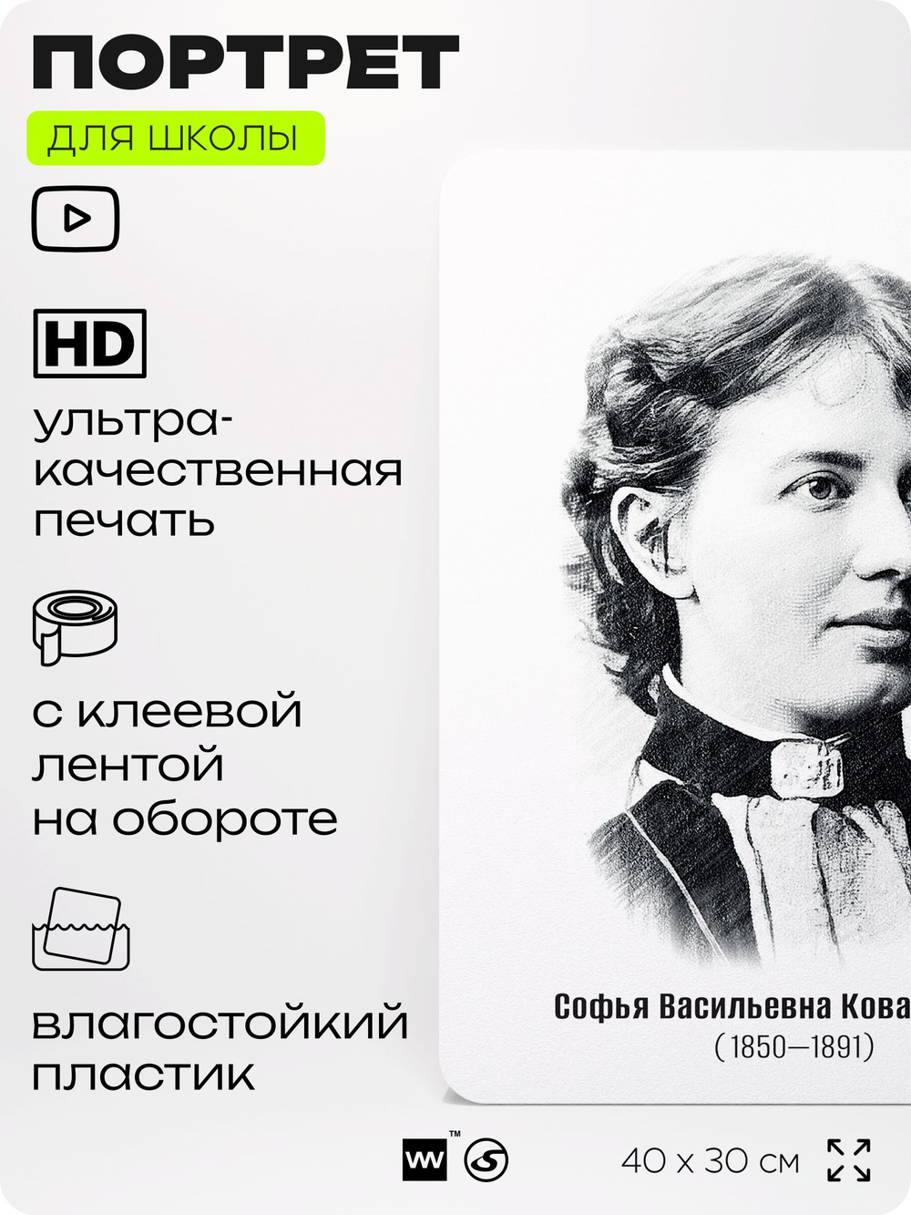 Портрет для школы в кабинет математики "Софья Васильевна Ковалевская", стенд школьный для класса, деятели науки для оформления классного уголка, 40х30 см, Silver Plane x Айдентика Технолоджи