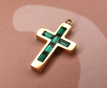 Подвеска крест кристалл 24х16 мм позолота изумруд