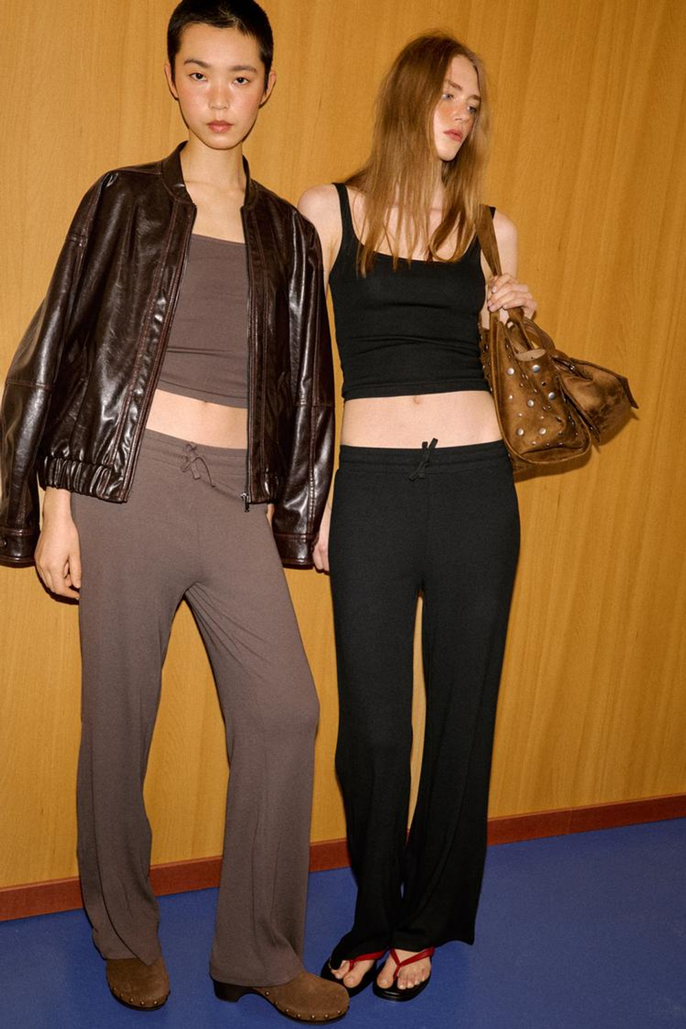 ZARA БРЮКИ ПРЯМОГО КРОЯ В РУБЧИК, СЕРО-КОРИЧНЕВЫЙ