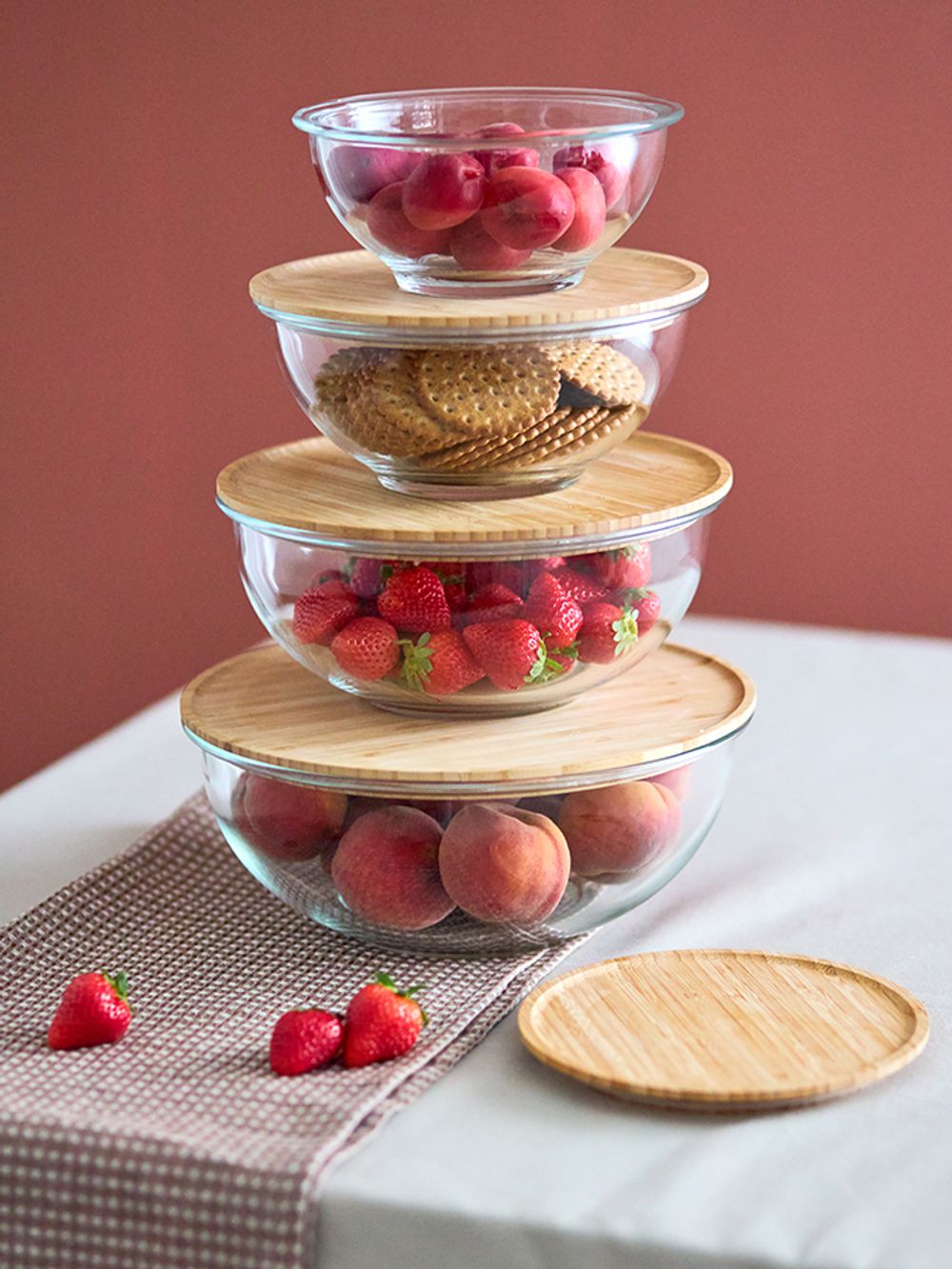 Набор из 4-х стеклянных мисок Eco Store с крышками из бамбука