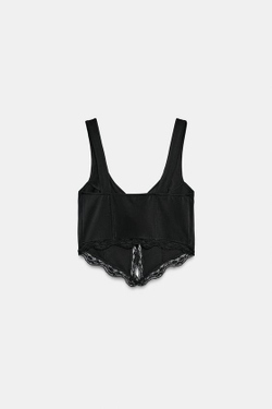 ZARA ТОП ИЗ ПОЛИАМИДА С КРУЖЕВОМ И ПУГОВИЦАМИ, ЧЕРНЫЙ