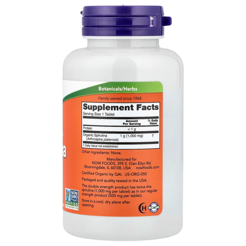 NOW Foods, сертифицированная органическая спирулина, 1000 мг, 120 таблеток