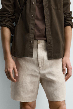 ZARA БЕРМУДЫ ИЗ 100% ЛЬНА КЛАССИЧЕСКОГО КРОЯ, СВЕТЛО-БЕЖЕВЫЙ