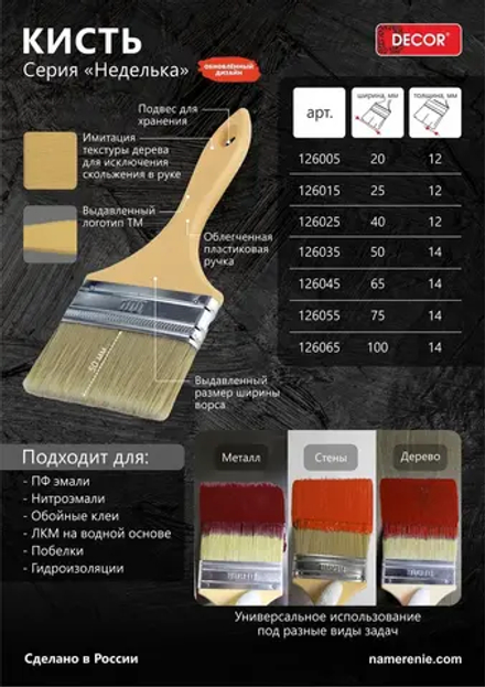 Кисть плоская 50х14мм "Четверг", свет.смеш. ворс,пласт.ручка DECOR 126035