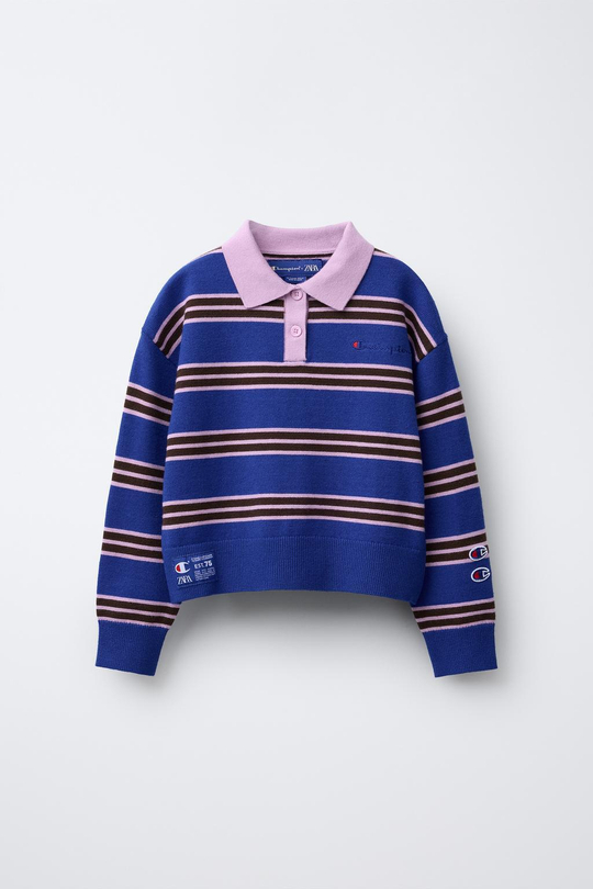 ZARA X CHAMPION ® ТРИКОТАЖНЫЙ ДЖЕМПЕР В ПОЛОСКУ С ВЫШИВКОЙ, ОТТЕНКИ СИНЕГО