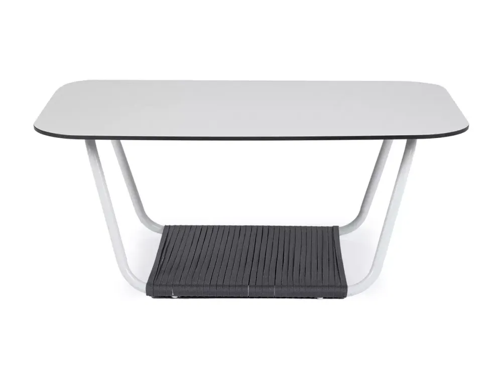 "Гранада" журнальный стол 90х60см из HPL, цвет "молочный", каркас белый муар, роуп темно-серый круглый