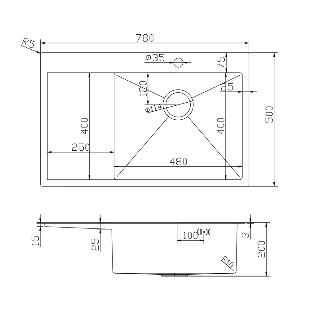 Мойка настол.монтаж 78х50 (3,0) прав. вып 3 1/2  MIXLINE PRO 20см с сифоном (бронза)