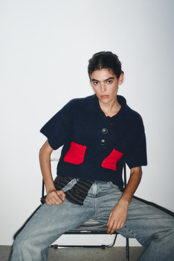 ZARA ДЖЕМПЕР ИЗ ТРИКОТАЖА С КОРОТКИМИ РУКАВАМИ, МОРСКОЙ СИНИЙ