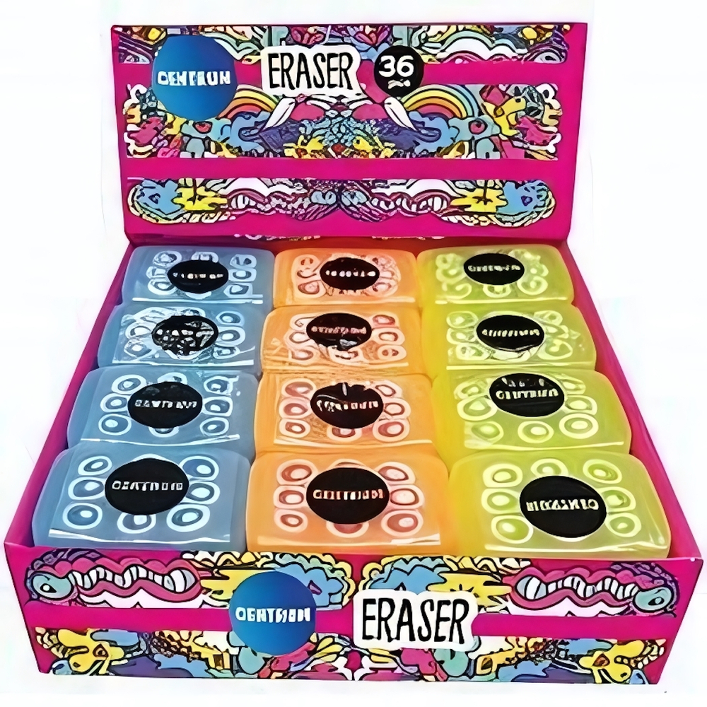 Ластик 36*25*11мм. каучук, цвета в ассортименте, в инд.упаковке, в дисплее (Центрум)