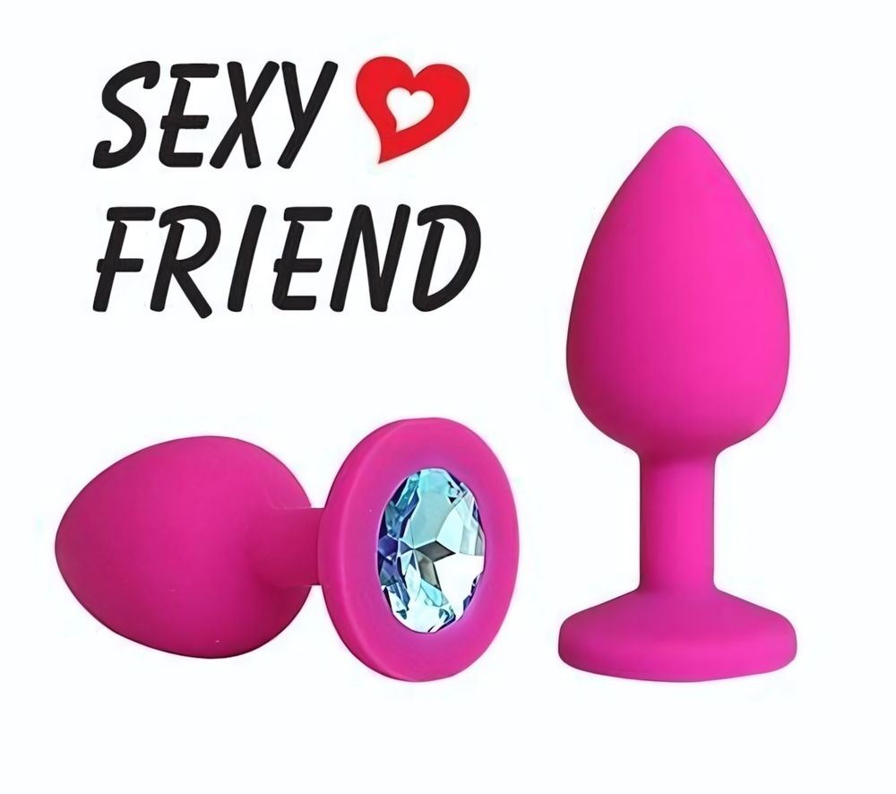 Розовая конусовидная анальная пробка с голубым кристаллом - 7,3 см. (Цвет: голубой)