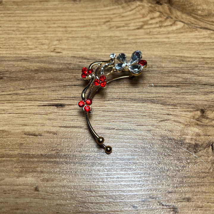 Серьга-кафф Цветок 3 ветви кристалл цвет серебристый красный металл золотистый