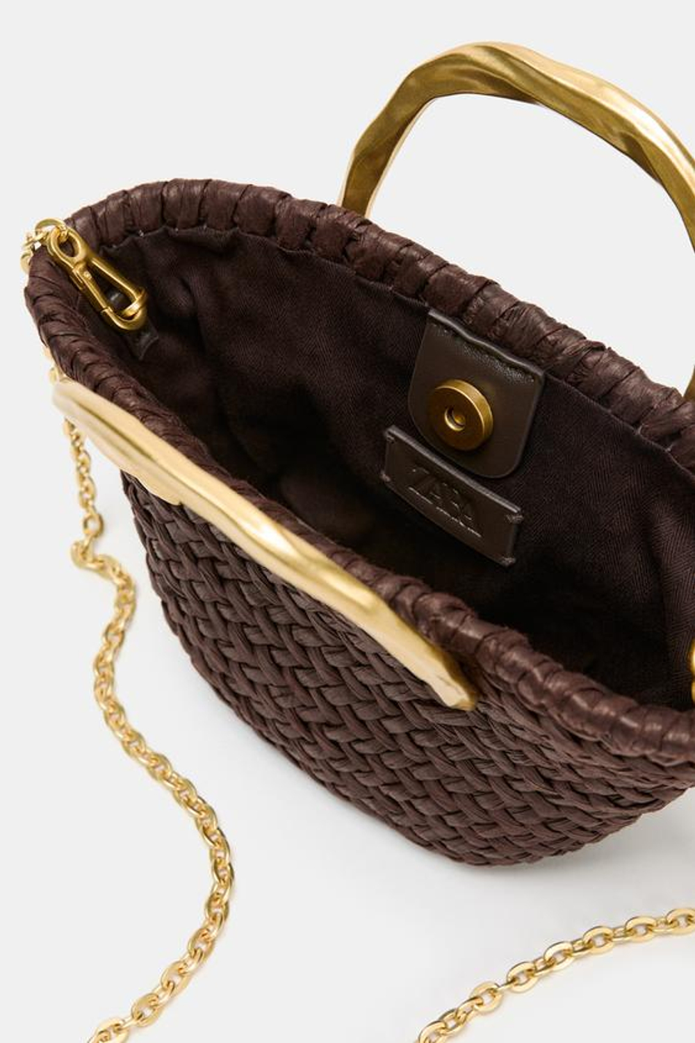 ZARA МИНИ-СУМКА-КОРЗИНКА С МЕТАЛЛИЧЕСКОЙ РУЧКОЙ, ШОКОЛАДНЫЙ