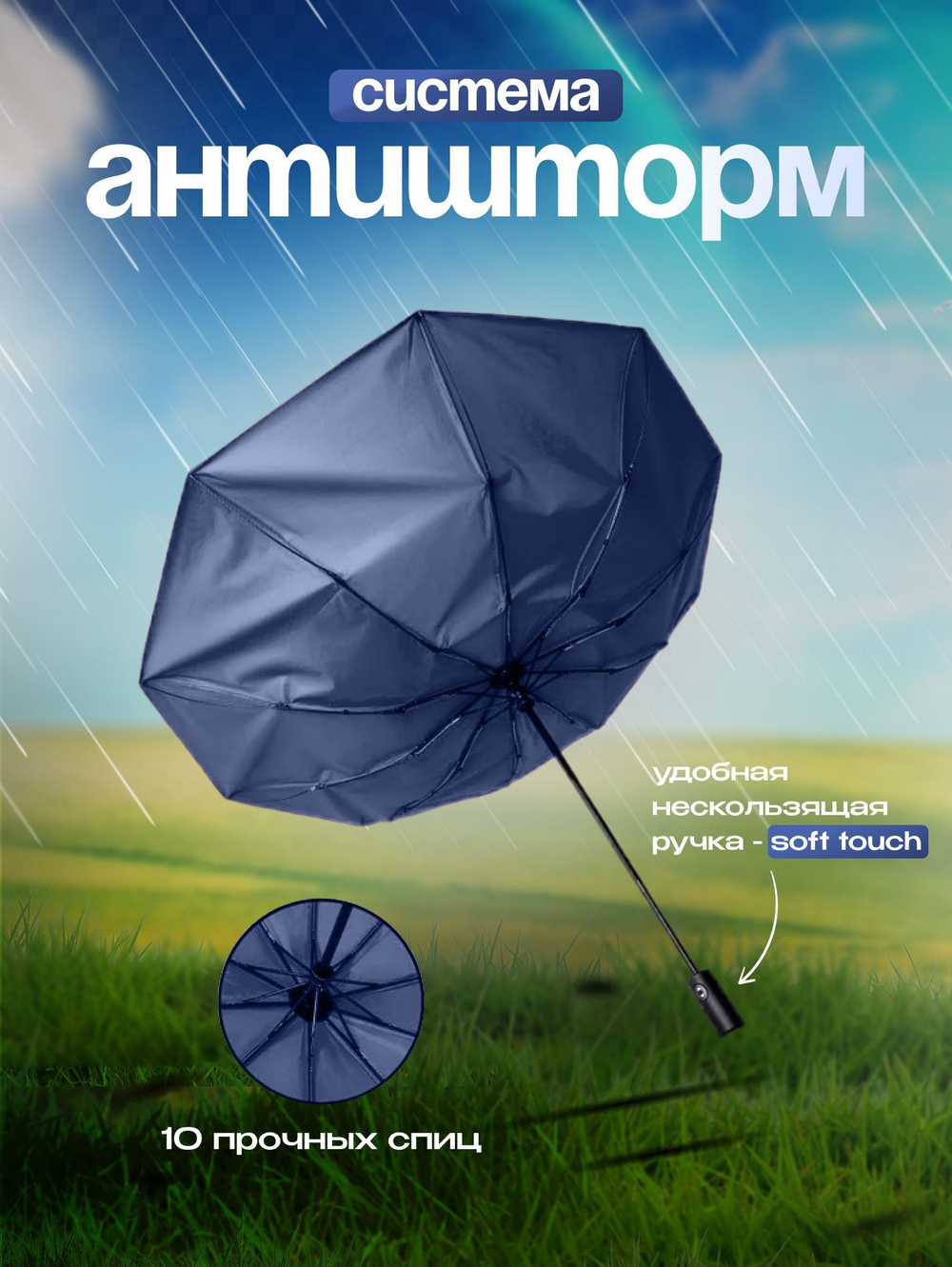 Зонт автомат c системой антиветер женский и мужской большой купол 10 спиц. Цвет синий.
