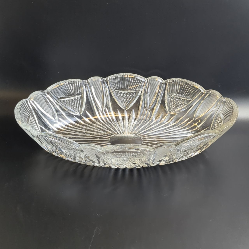 Хрустальная большая ваза для сервировки фруктов, сладостей, алмазная грань, геометрический орнамент, винтаж СССР 1970-1990 гг