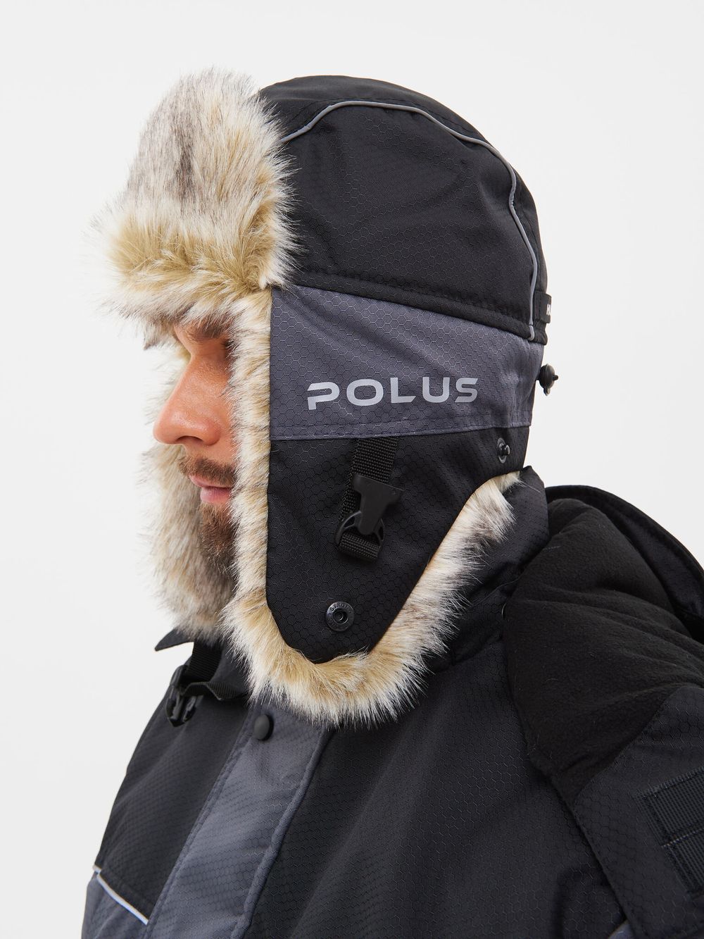 Шапка ушанка зимняя Полюс ткань Cell цвет Серый/Черный