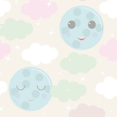 Узор ночного неба. Симпатичная улыбающаяся луна, звезды, облака. Детский принт в мягких пастельных тонах.