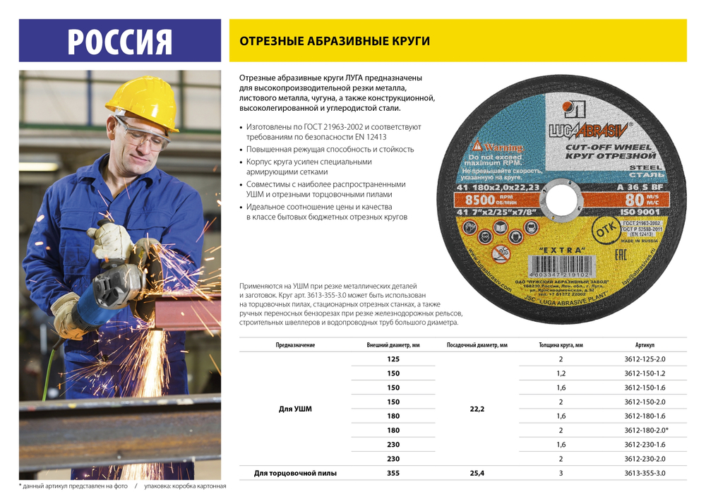 ЛУГА 180 x 1.6 x 22.2 мм, для УШМ, круг отрезной по металлу (3612-180-1.6)