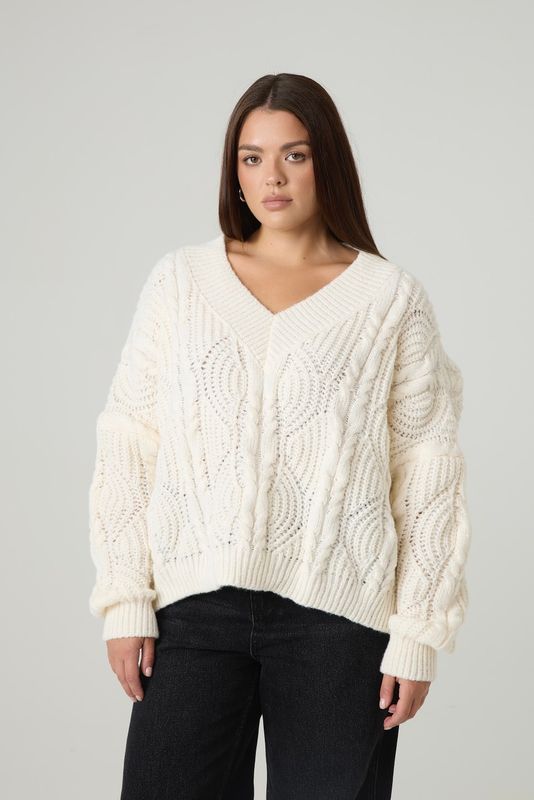 Джемпер вязаный с V-вырезом, косы, сливочный