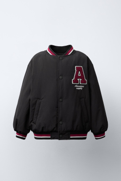 ZARA БОМБЕР С ПОДКЛАДКОЙ ИЗ ИСКУССТВЕННОЙ ОВЧИНЫ С НАШИВКОЙ, ТЕМНЫЙ АНТРАЦИТ