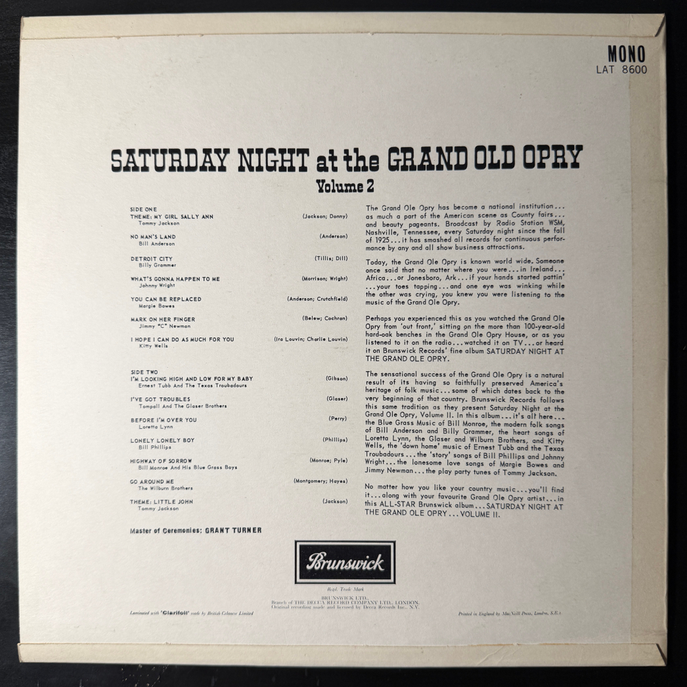 Сборник Saturday Night At The Grand Ole Opry Vol. 2 (Англия 1967г.) Т