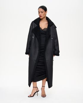 Двубортная дублёнка свободного прямого силуэта