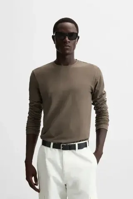 ZARA БАЗОВАЯ ФУТБОЛКА SLIM FIT, СЕРОВАТО-КОРИЧНЕВЫЙ