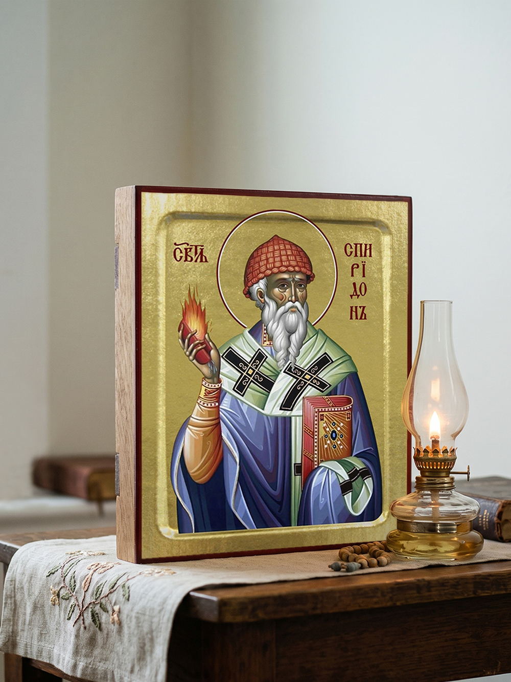 Икона Спиридона Тримифунтского, святителя (фиолетовое облачение с огнём) на дереве: 125 х 160 (Синоп
