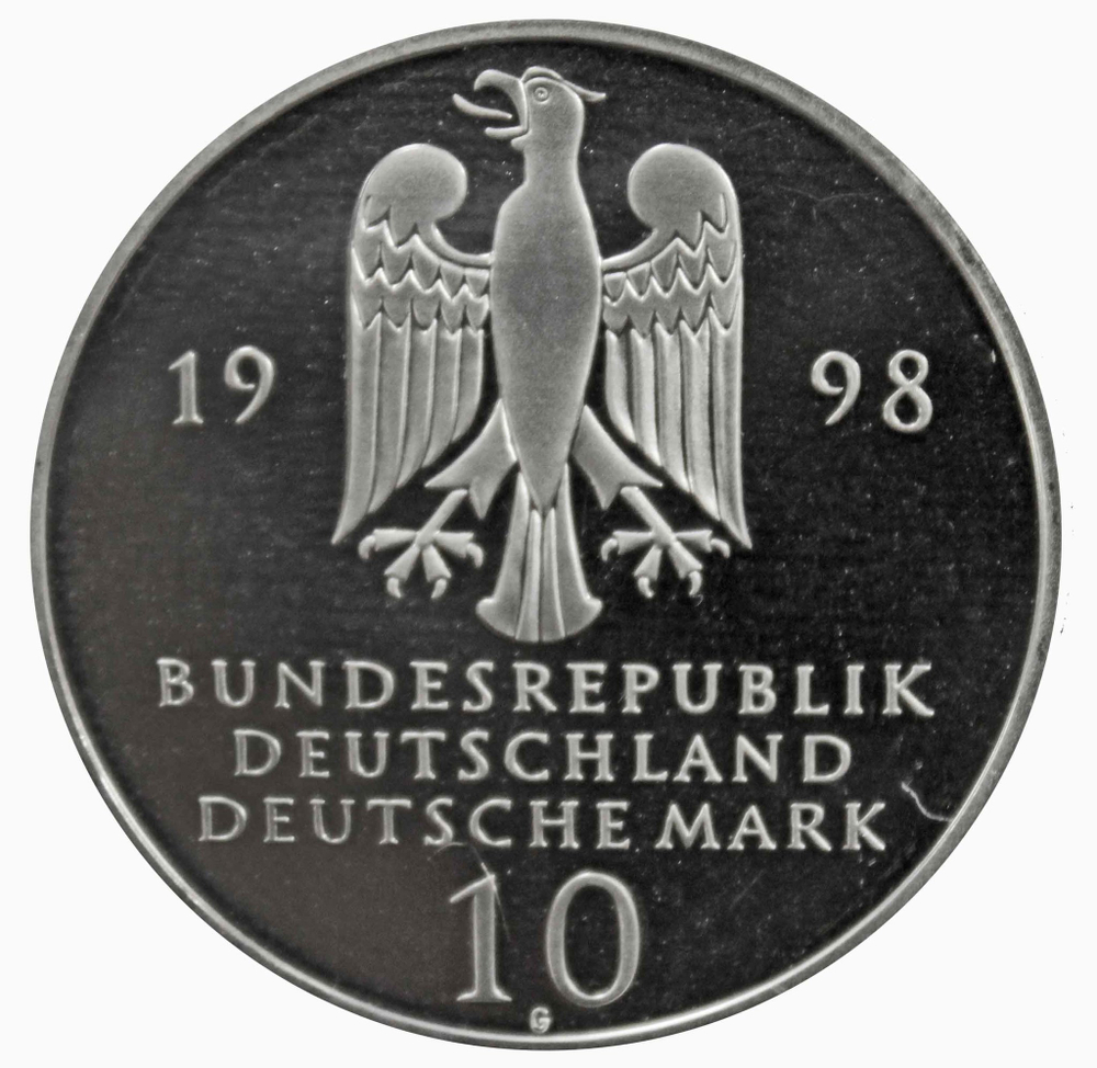 10 марок. 300 лет Франкскому благотворительному фонду (G). Серебро. 1998 г. PROOF. В родной запайке