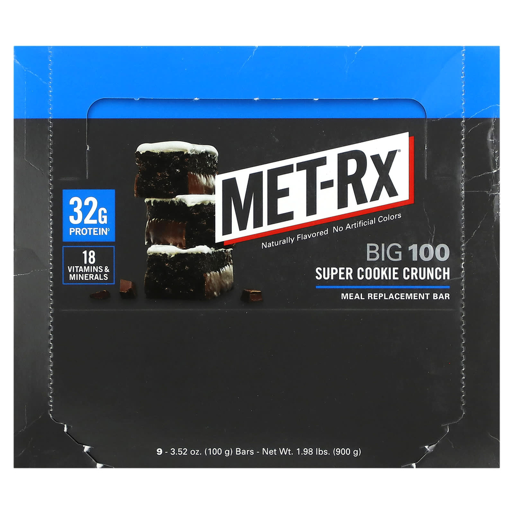 MET-Rx, Big 100, батончик для замены еды, хрустящее печенье, 9 батончиков, 100 г (3,52 унции)
