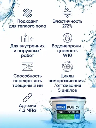 Мастика гидроизоляционная ВОЛМА Контур 5 кг, гидроизоляция для душевой, для ванной