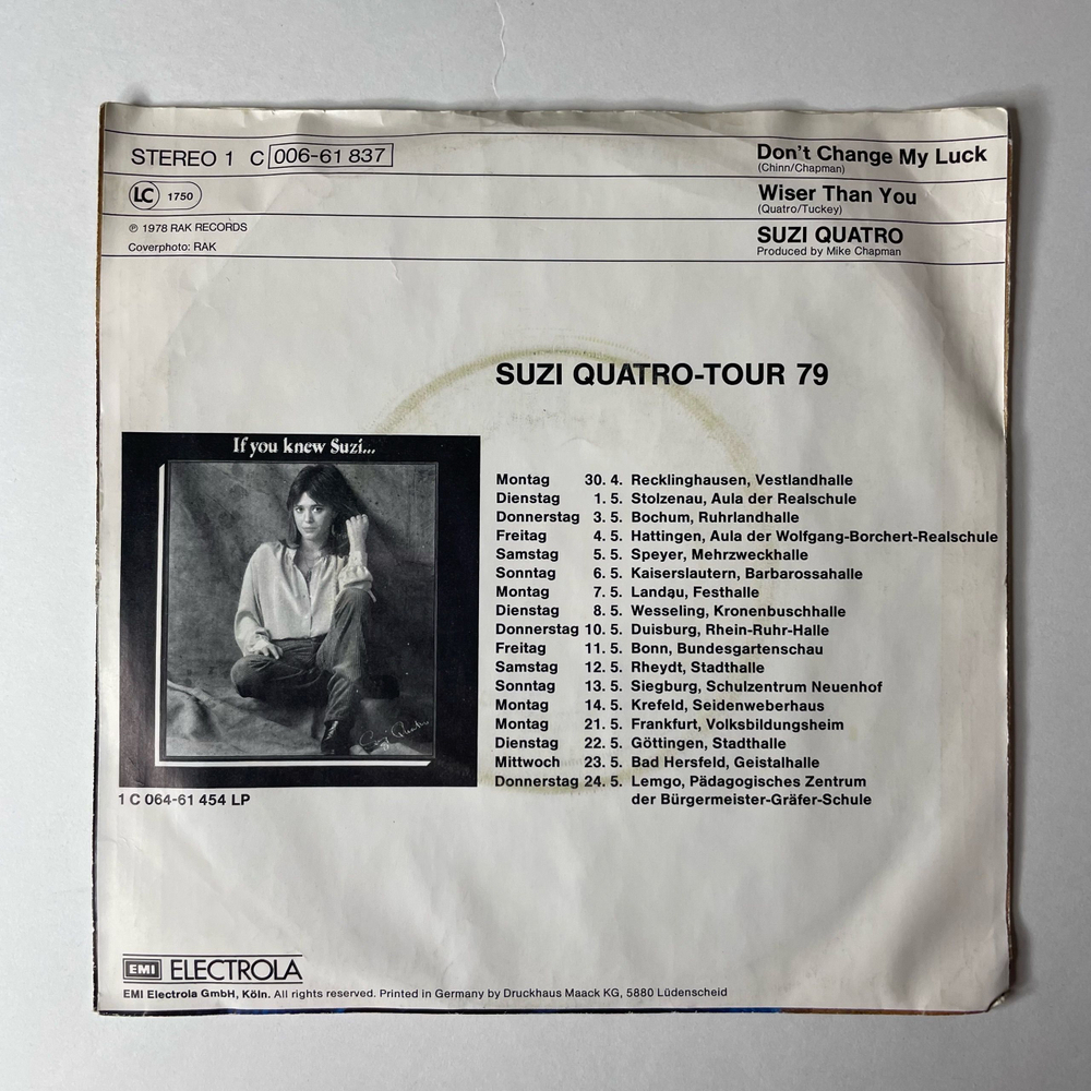 Винтажная виниловая пластинка 7 дюймов (маленькая пластинка) Suzi Quatro Don't Change My Luck (Германия 1978)