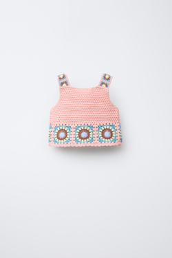 ZARA ТОП ИЗ КРУЖЕВА КРОШЕ, НЕОНОВО-РОЗОВЫЙ