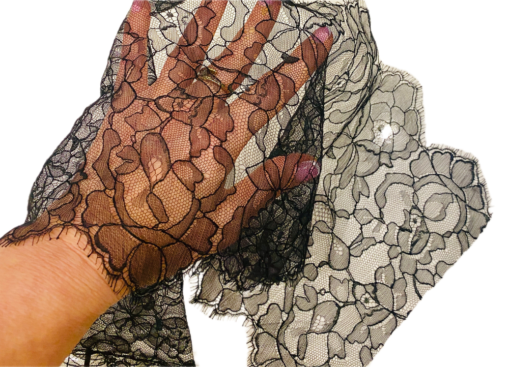 Кружево тонкое на мелкой сетке ширина 20 см цвет черный Италия купон 120см