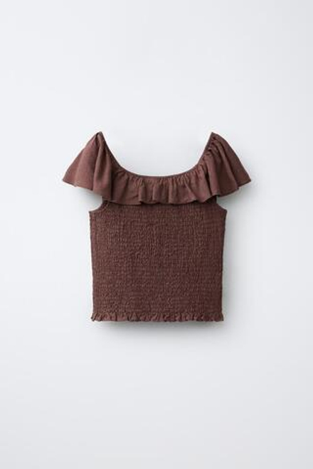 ZARA ФУТБОЛКА ИЗ ЛЬНА С УЗОРОМ «СОТЫ», КОРИЧНЕВЫЙ