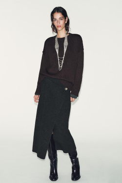 ZARA ТРИКОТАЖНАЯ ЮБКА МИДИ НА ЗАПАХ, ТЕМНО-СЕРЫЙ