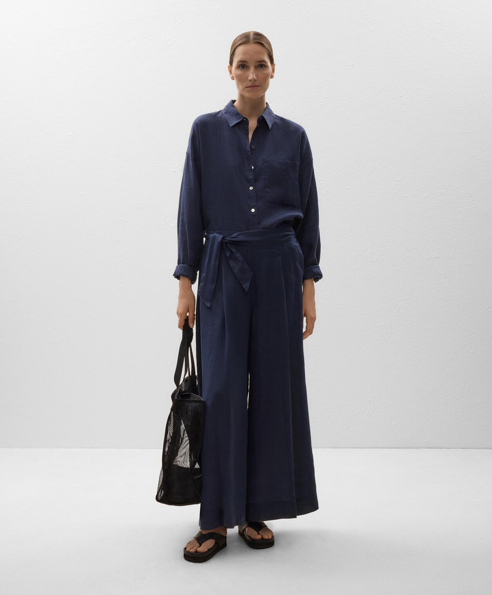 OYSHO Брюки широкие с завязками из 100% льна, темно-синий