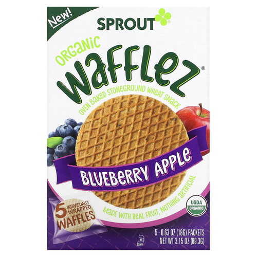 Sprout Organics, Wafflez, вафли с голубикой и яблоком, 5 пакетиков по 18 г (0,63 унции)