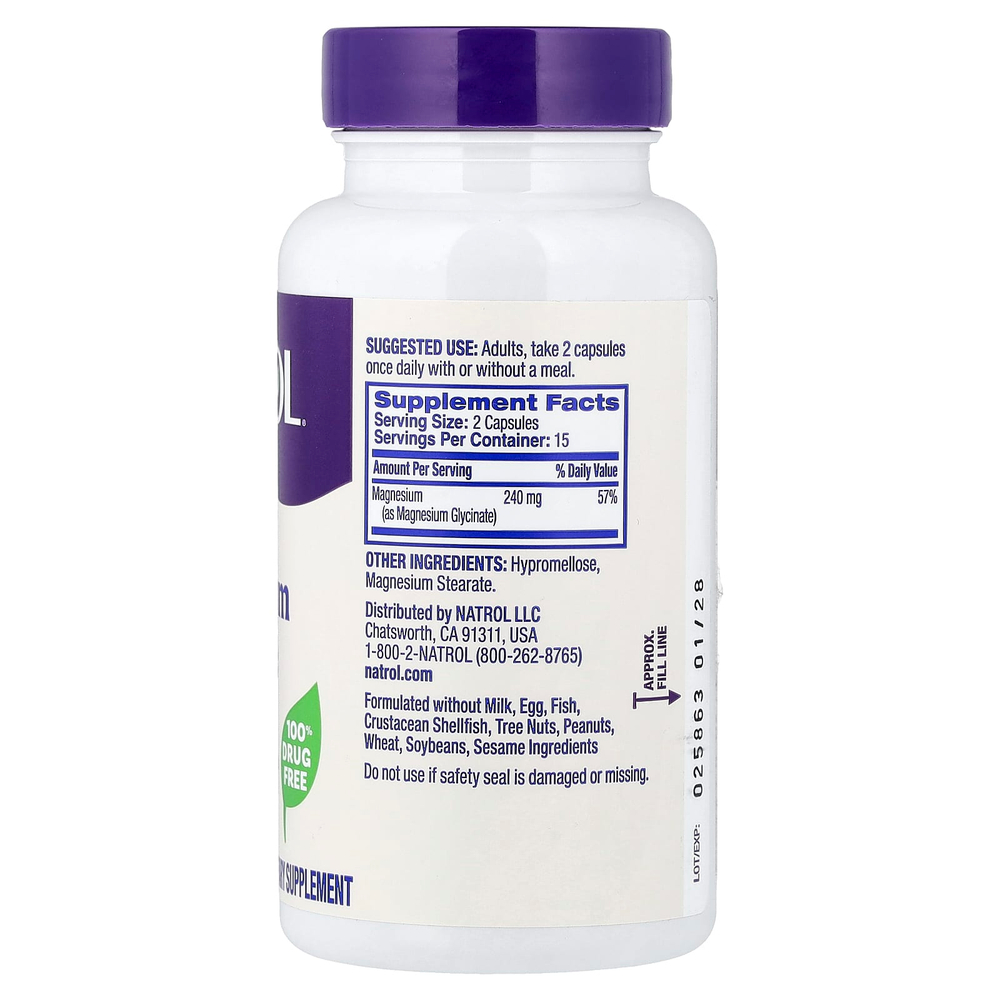 Natrol, глицинат магния, высокая степень усвояемости, 30 капсул (120 мг в 1 капсуле)