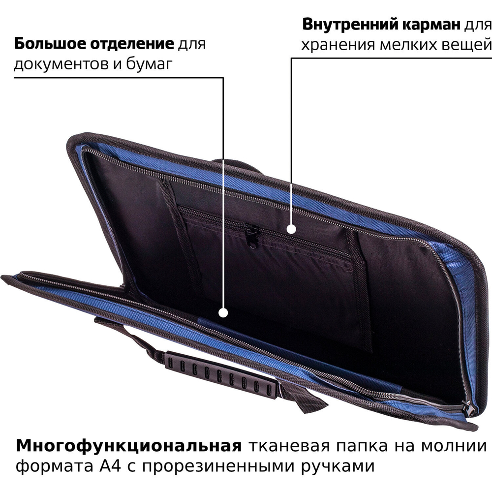 Папка на молнии с ручками STAFF "EVERYDAY" А4 твердые стенки ткань синий (2 штуки в упаковке)