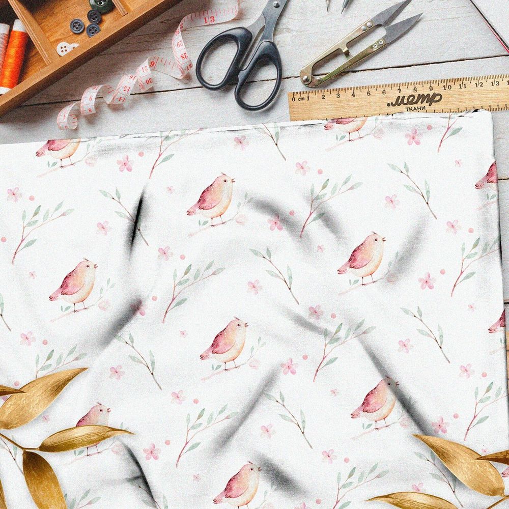 Ткань барби акварельные птички и веточки