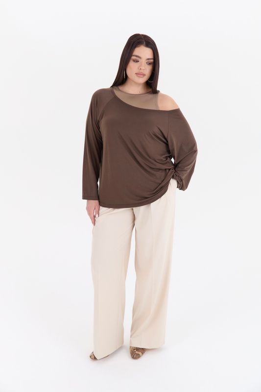 Лонгслив двухслойный на одно плечо, бежево-коричневый