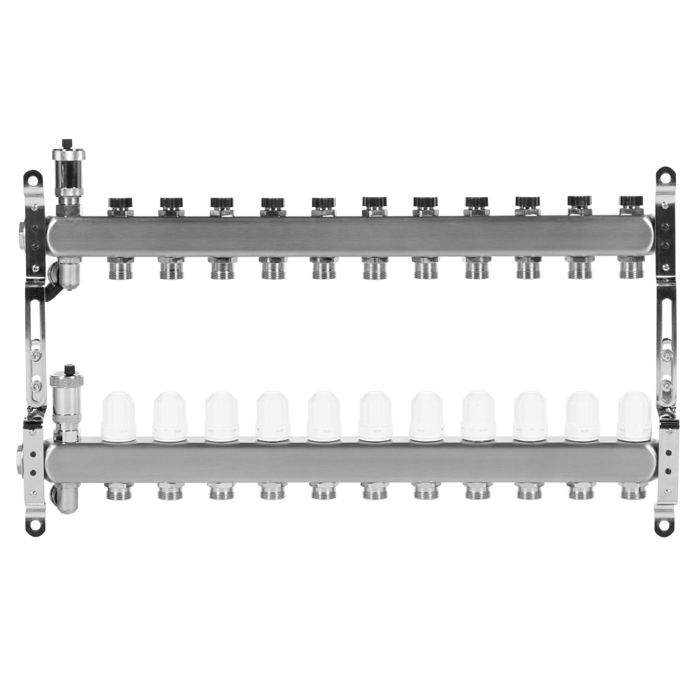 Коллектор Royal Thermo нерж. в сборе универсальный 1" ВР-3/4" НР с автомат. воздухоотвод-ми 11 вых.